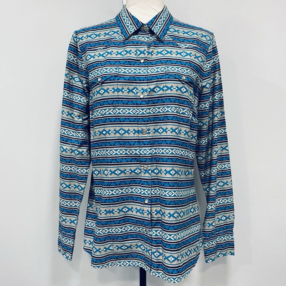 Roper Women's L Blue Pearl Snap Shirt Aztec Southwestern Print Cowgirl Western